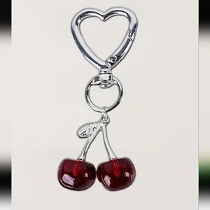 Silver Heart and Red Cherries Resin Keychain/ Bag Charm